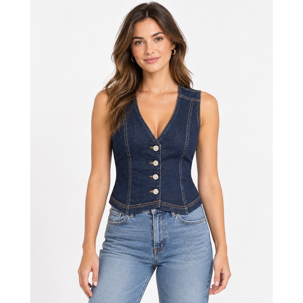 Avec Les Filles Denim Vest Women Size S Dark Blue Cutout Back Stretch